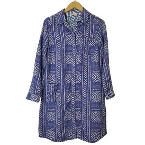 Soft Surroundings Blue Dress Women's Size Small Cotton Button Front Geo Print